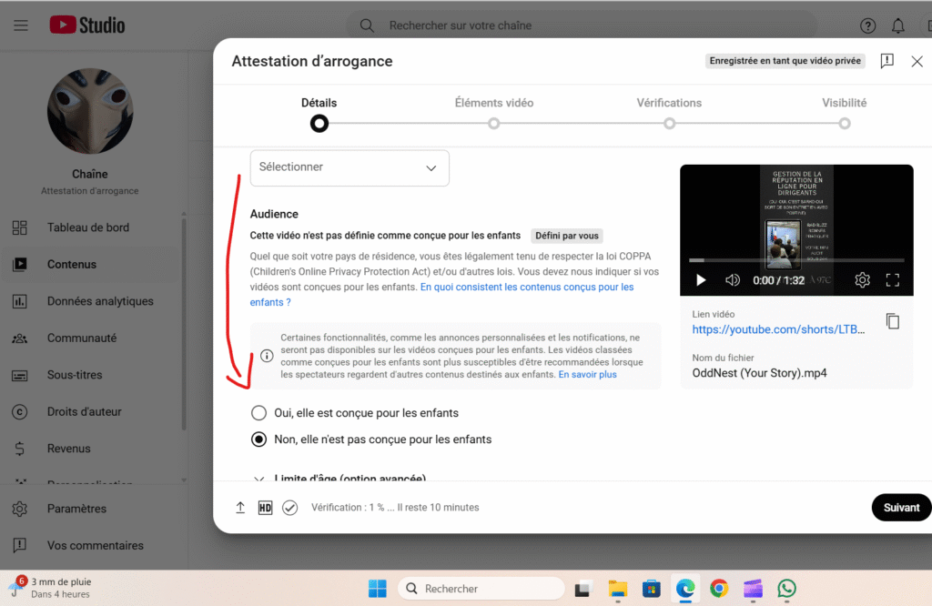 capture Youtube createur contenu mineur capture d'écran youtube studio